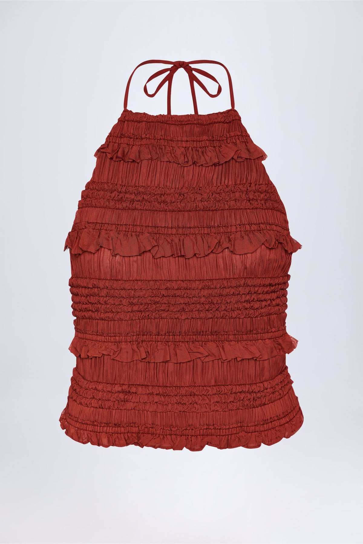 Belavie Nateshe Ruffled High-Neck Backless Top in Burnt Red