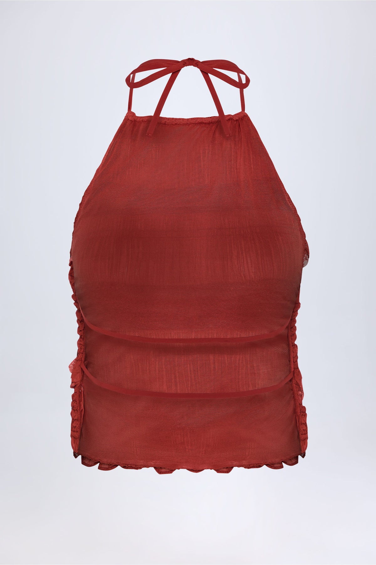 Belavie Nateshe Ruffled High-Neck Backless Top in Burnt Red