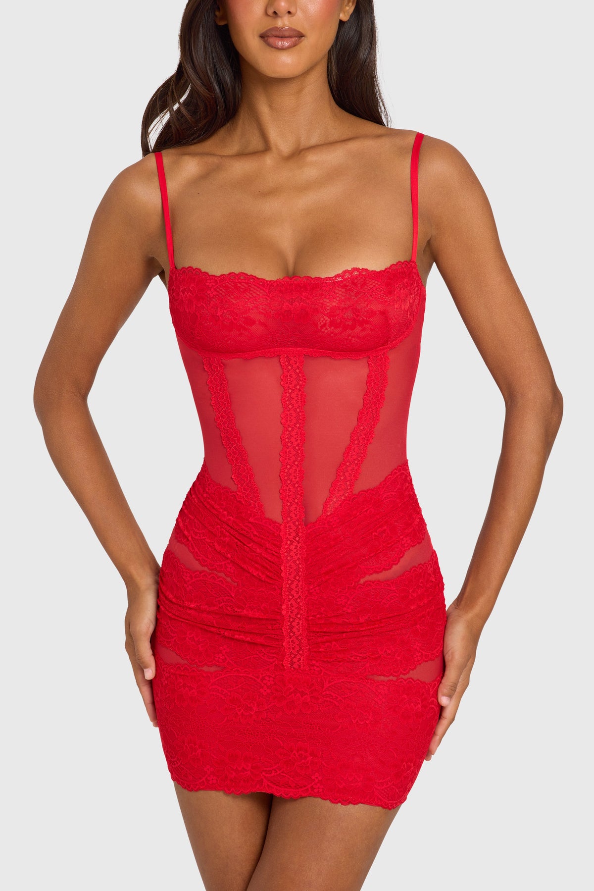 Belavie Evadna Placed Lace-Trim Mini Dress in Cherry Red