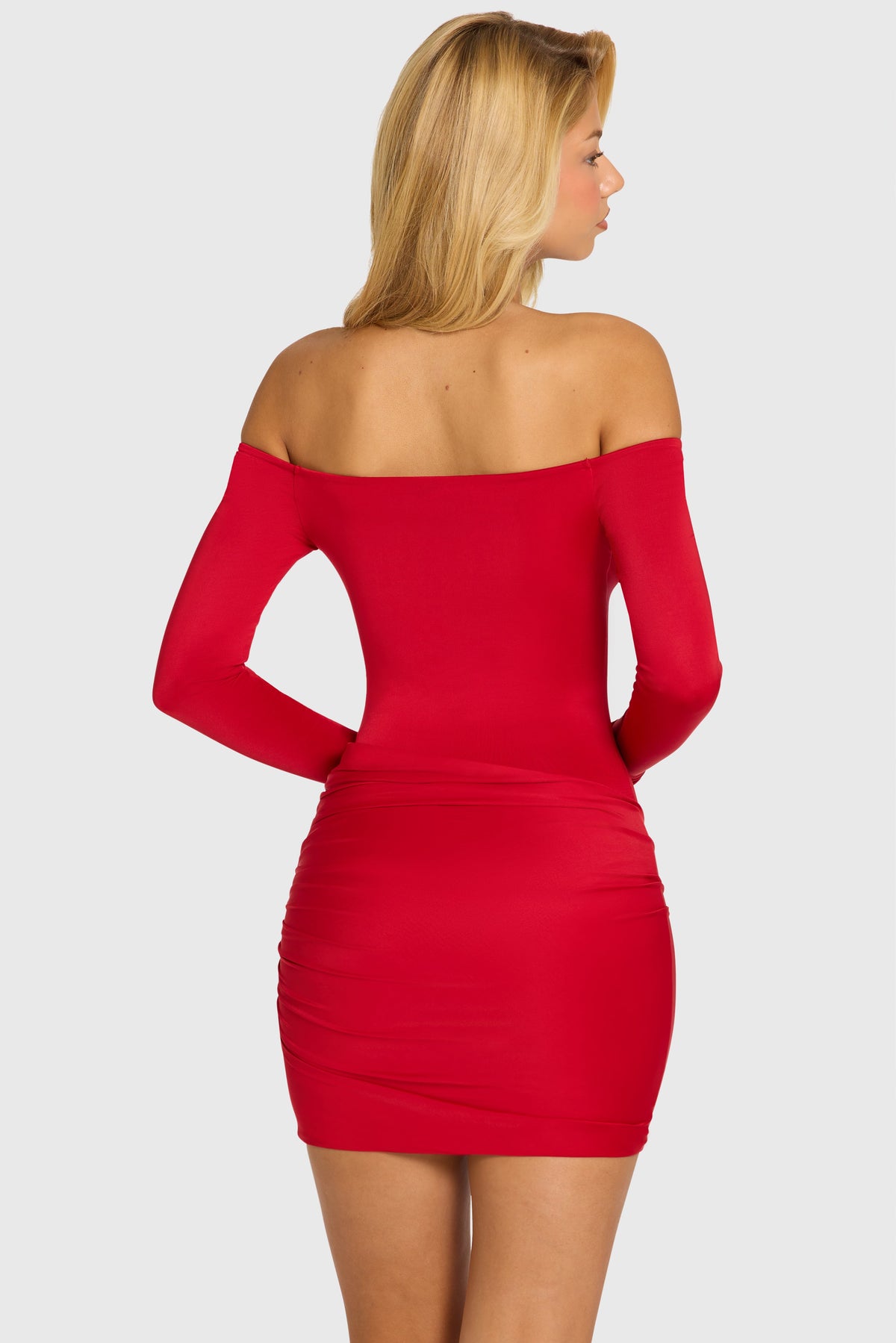 Belavie Xaal Off-Shoulder Long-Sleeve Mini Dress in Cherry Red