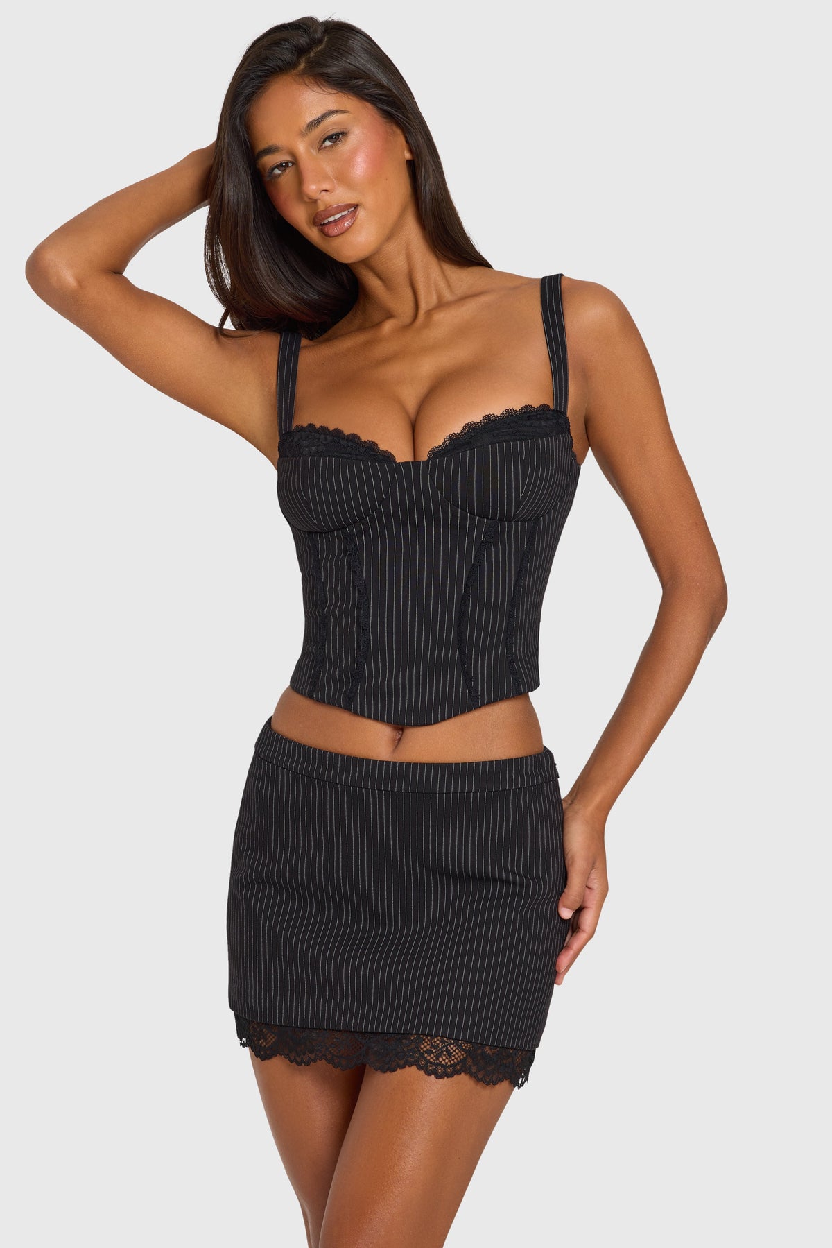 Belavie Missi Ponte Lace-Trim Peekaboo Corset Top in Black Pinstripe