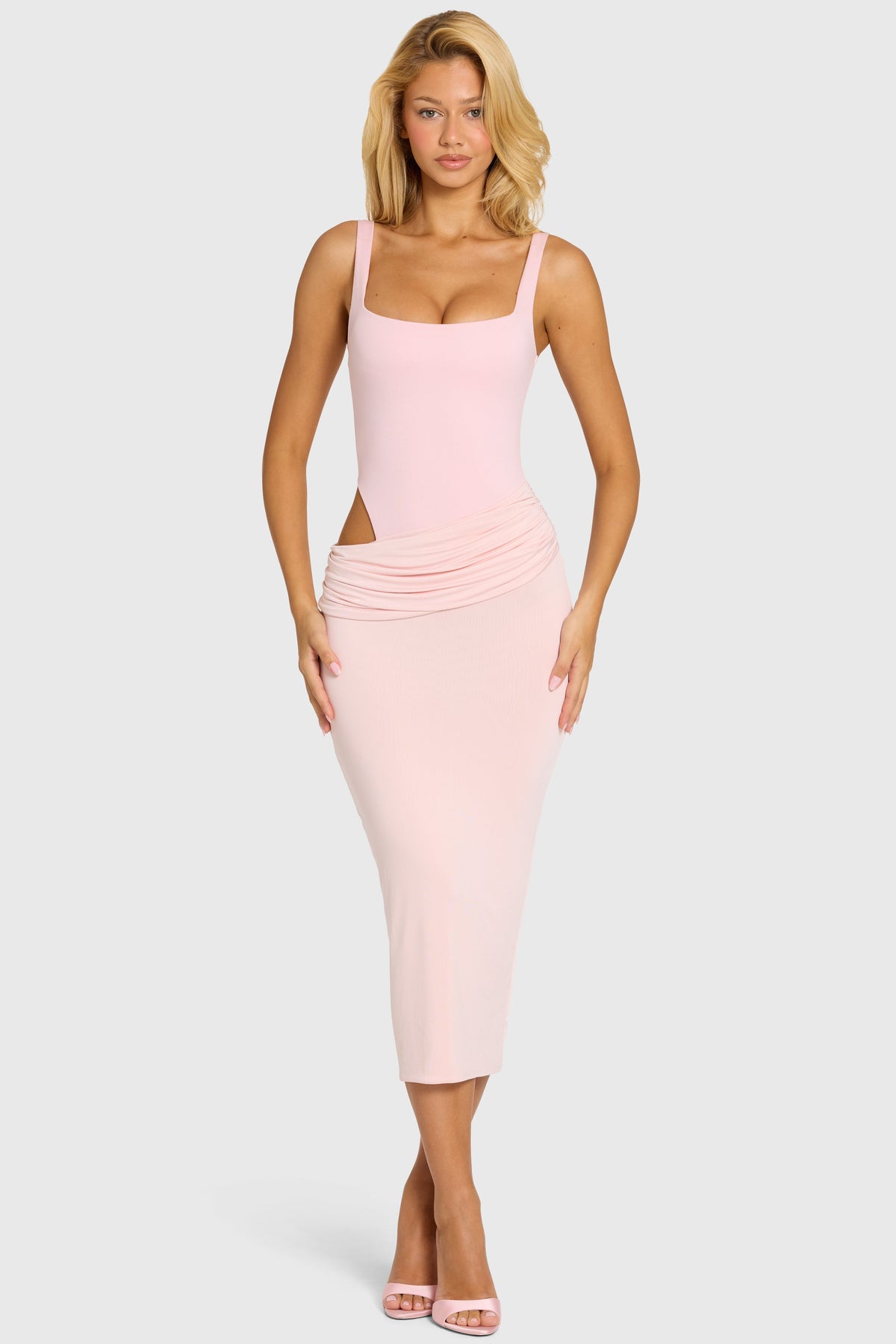 Belavie Oreste Bodice Draped Midi Dress in Baby Pink