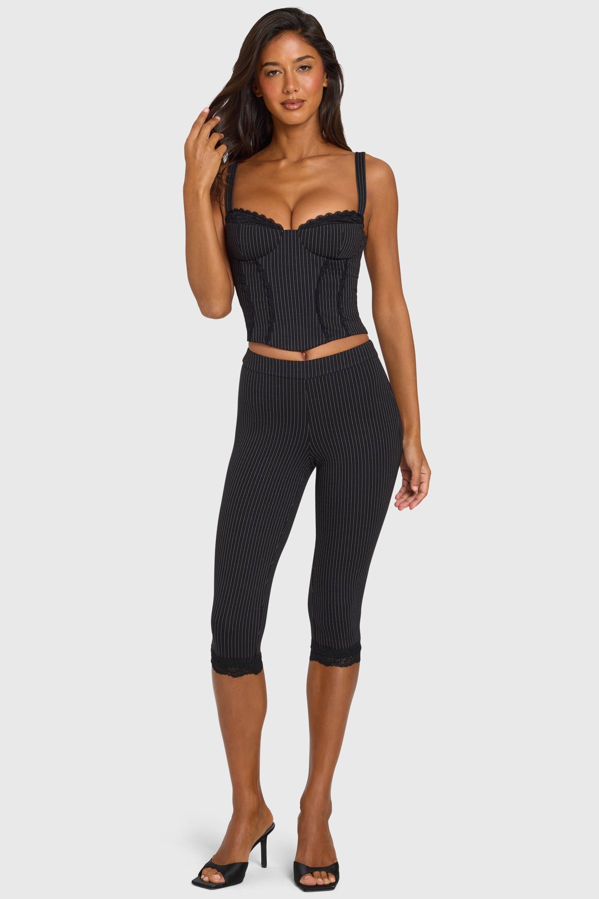 Belavie Amran Ponte Capri Leggings in Black Pinstripe