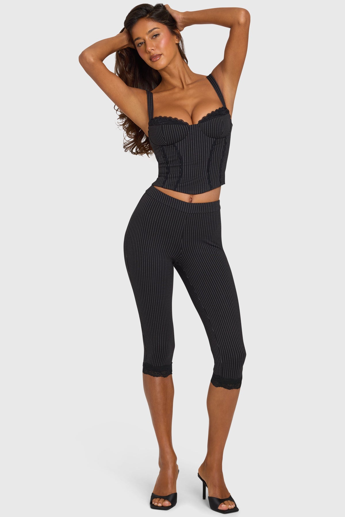 Belavie Amran Ponte Capri Leggings in Black Pinstripe