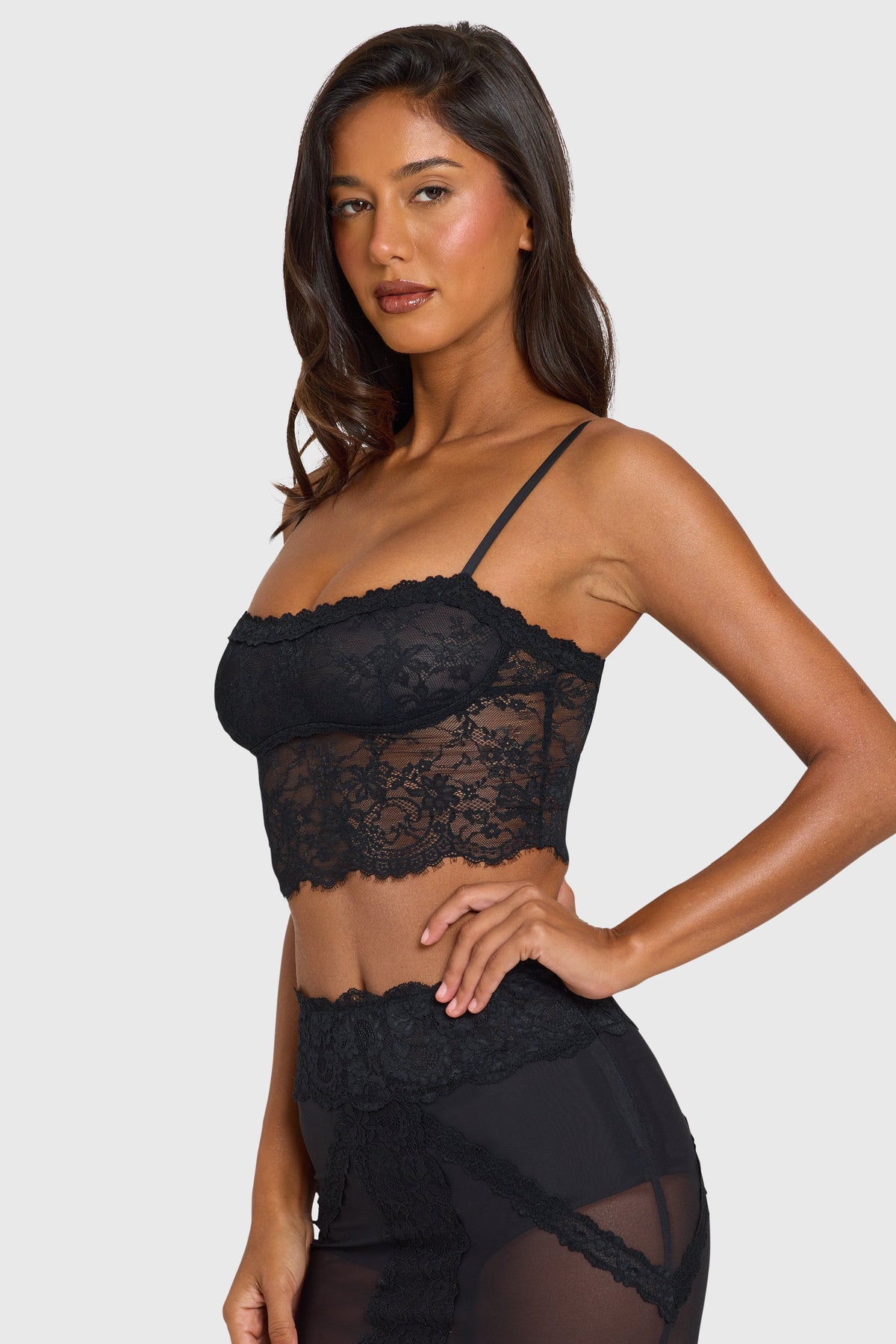 Belavie Elysie Placed Lace-Trim Crop Top in Black