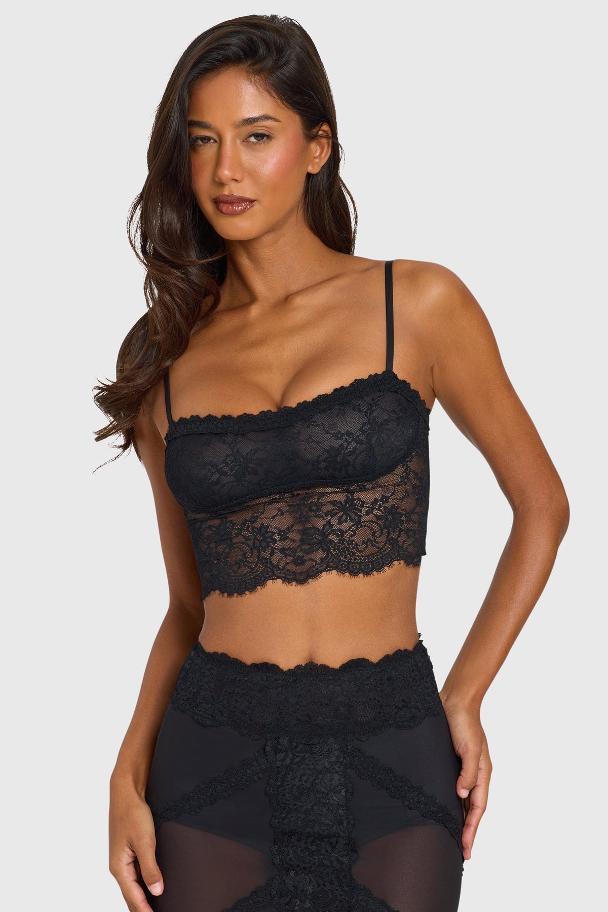 Belavie Elysie Placed Lace-Trim Crop Top in Black