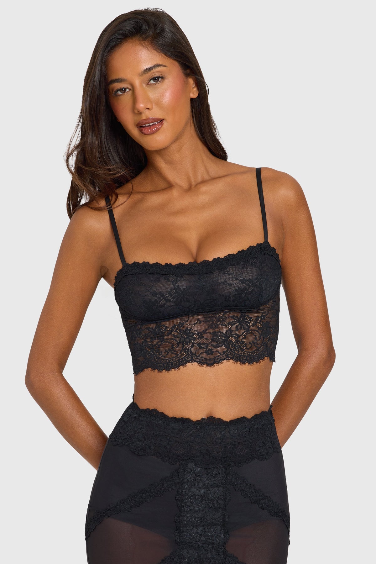 Belavie Elysie Placed Lace-Trim Crop Top in Black