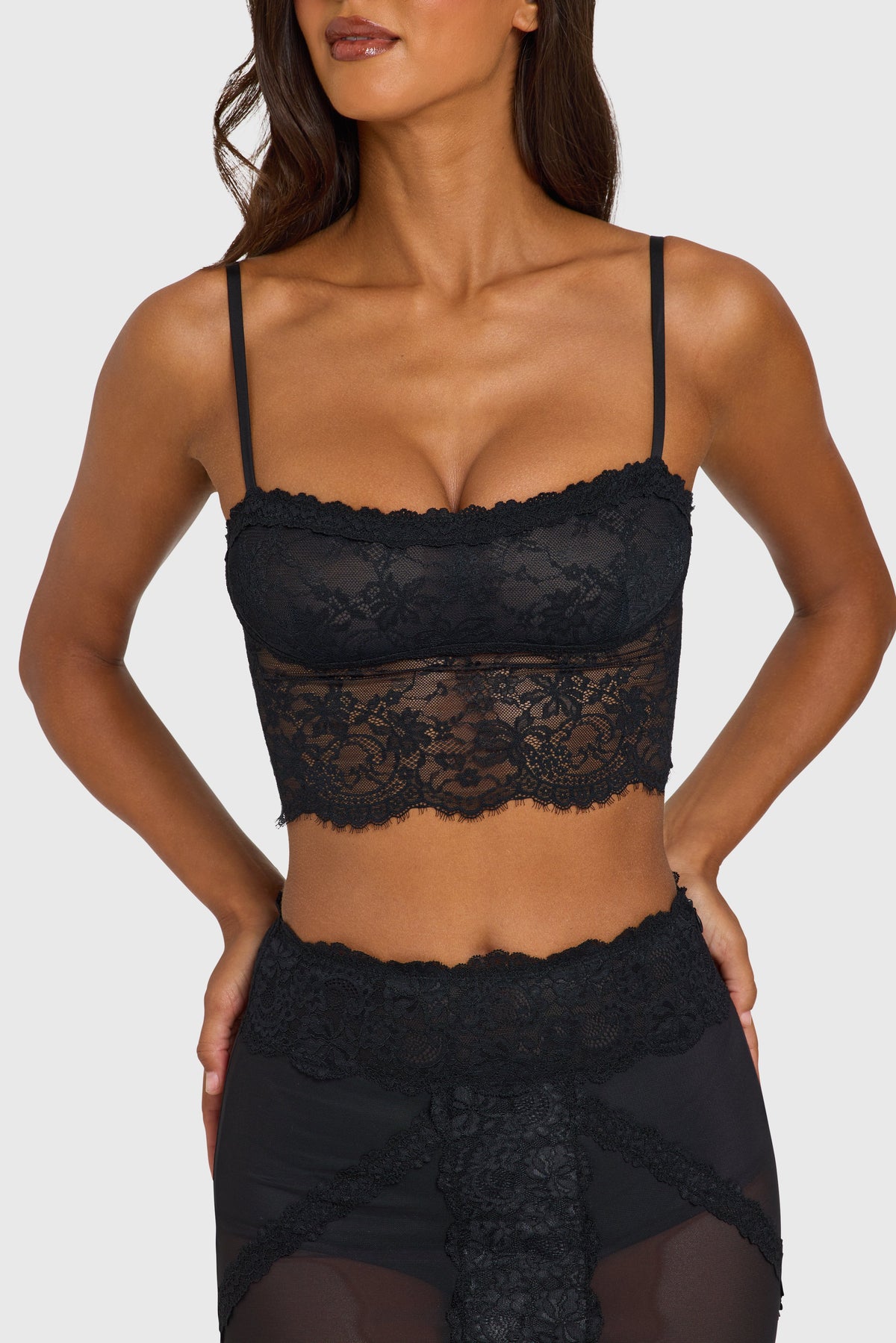 Belavie Elysie Placed Lace-Trim Crop Top in Black