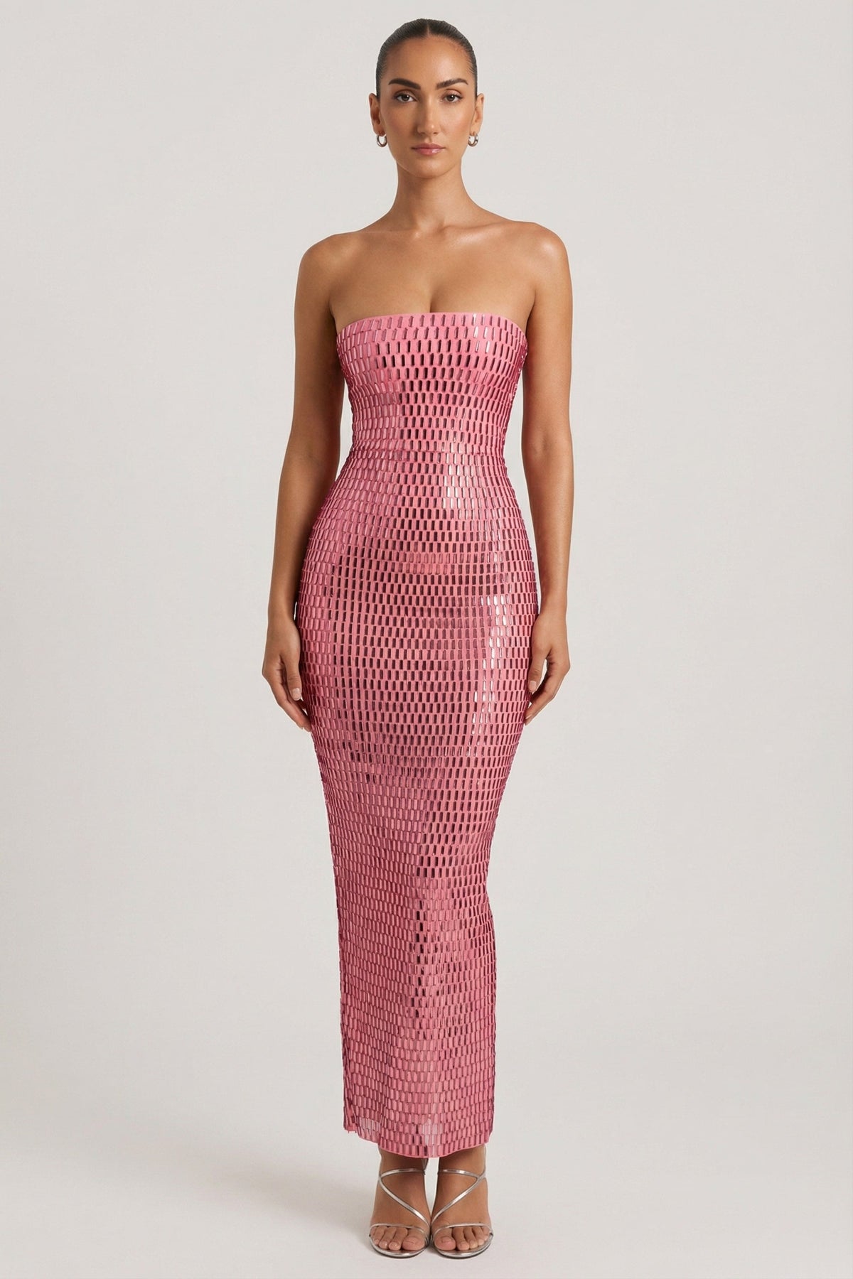 Belavie Amaye Embellished Strapless Bandeau Maxi Dress in Watermelon