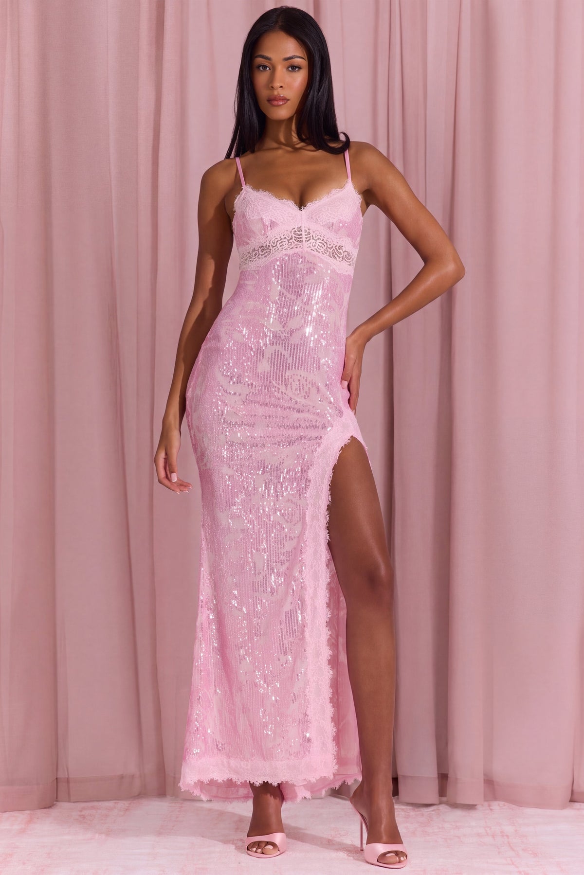 Belavie Anabella Embellished Lace-Trim Maxi Dress in Blossom Pink