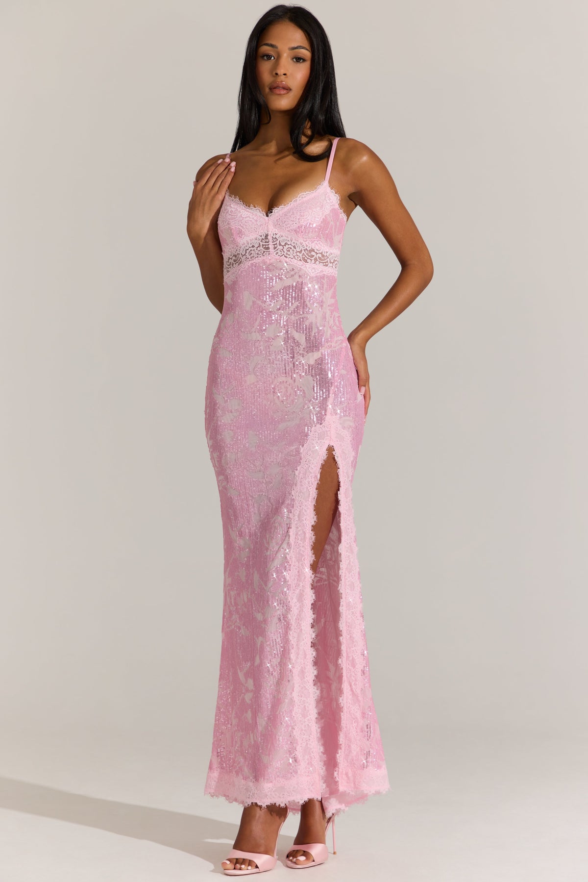 Belavie Anabella Embellished Lace-Trim Maxi Dress in Blossom Pink
