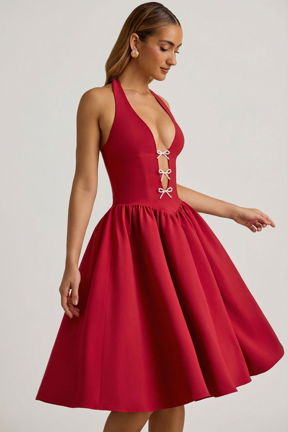 Belavie Angeline Halterneck Bow-Detail Midi Dress in True Red