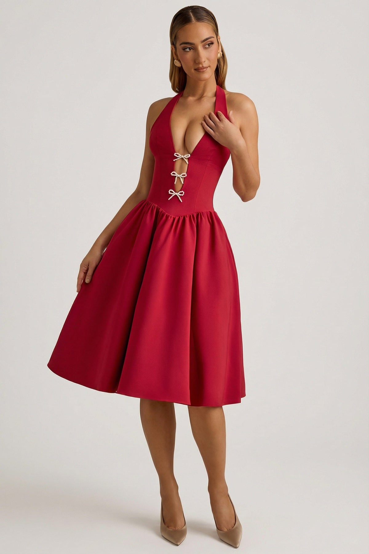 Belavie Angeline Halterneck Bow-Detail Midi Dress in True Red