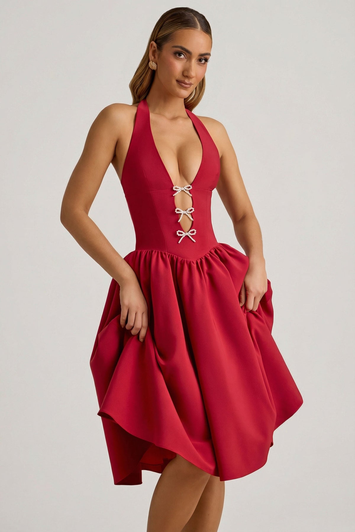 Belavie Angeline Halterneck Bow-Detail Midi Dress in True Red