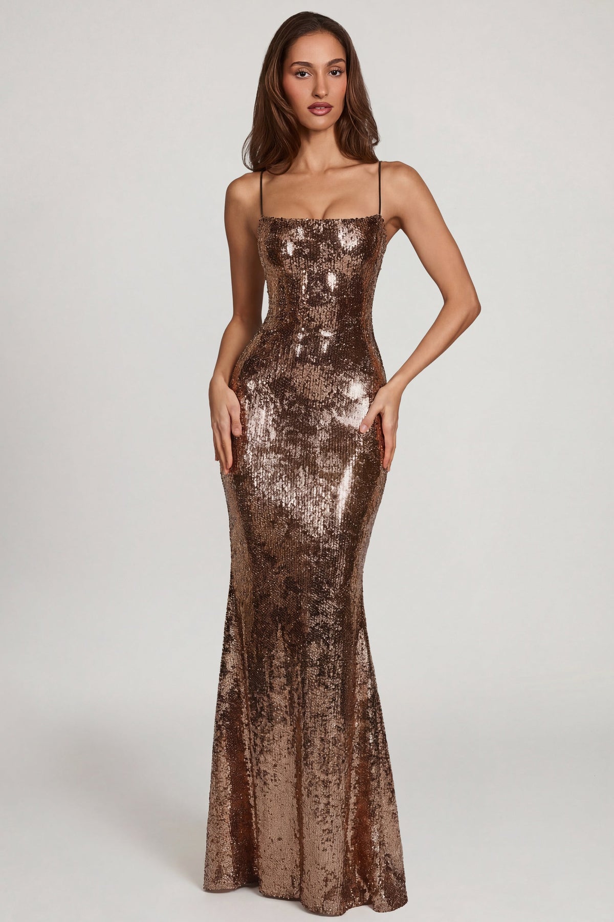 Belavie Antee Embellished Straight-Neck Maxi Dress in Copper Gold