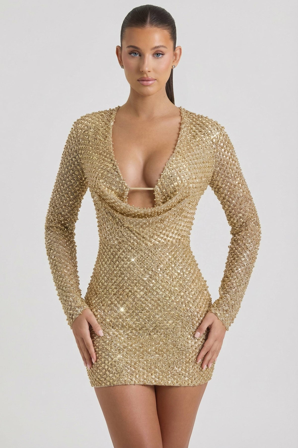 Belavie Arlowa Embellished Cowl-Neck Mini Dress in Gold