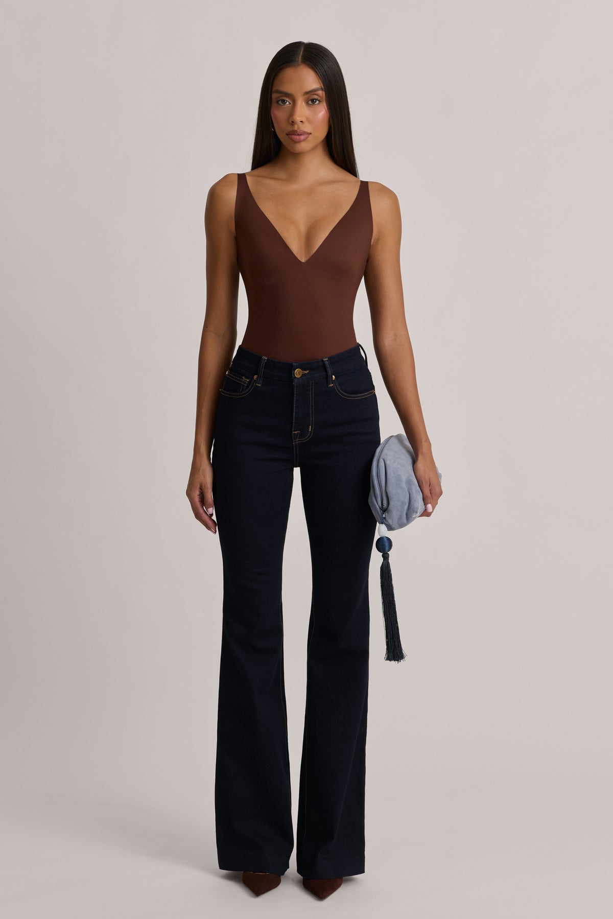 Belavie Arlinn V-Neck Thong Bodysuit in Cocoa Brown