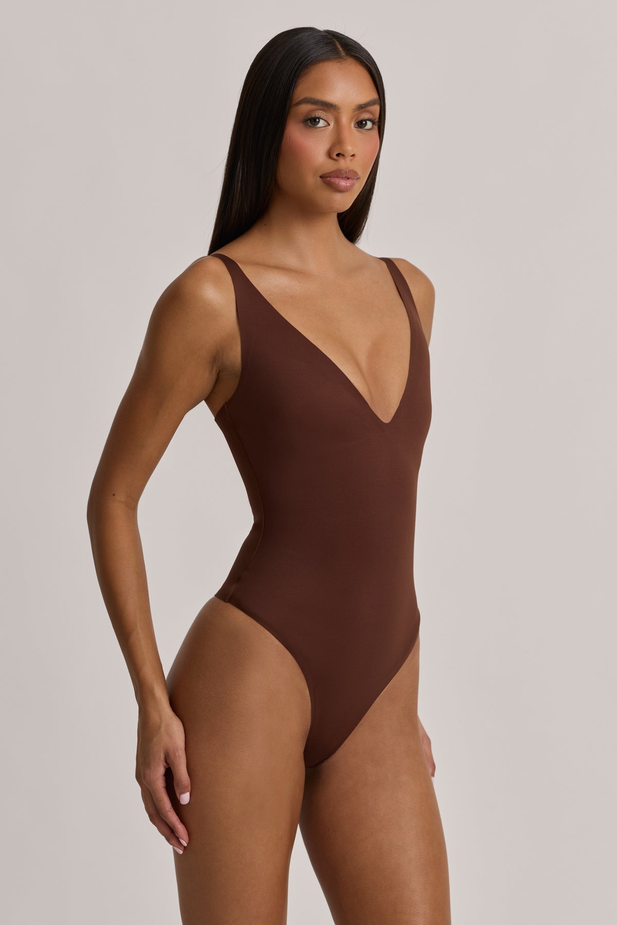 Belavie Arlinn V-Neck Thong Bodysuit in Cocoa Brown