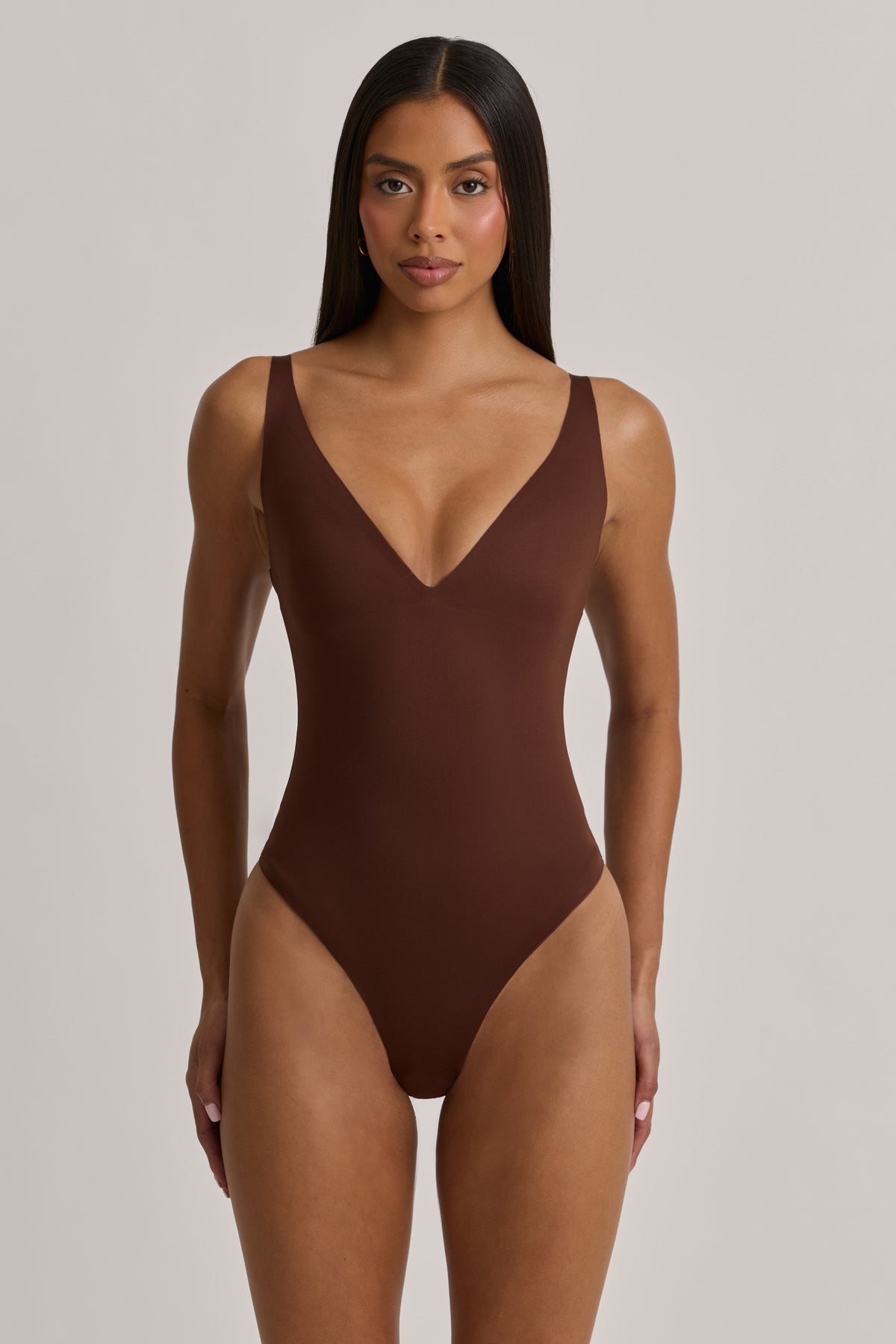 Belavie Arlinn V-Neck Thong Bodysuit in Cocoa Brown