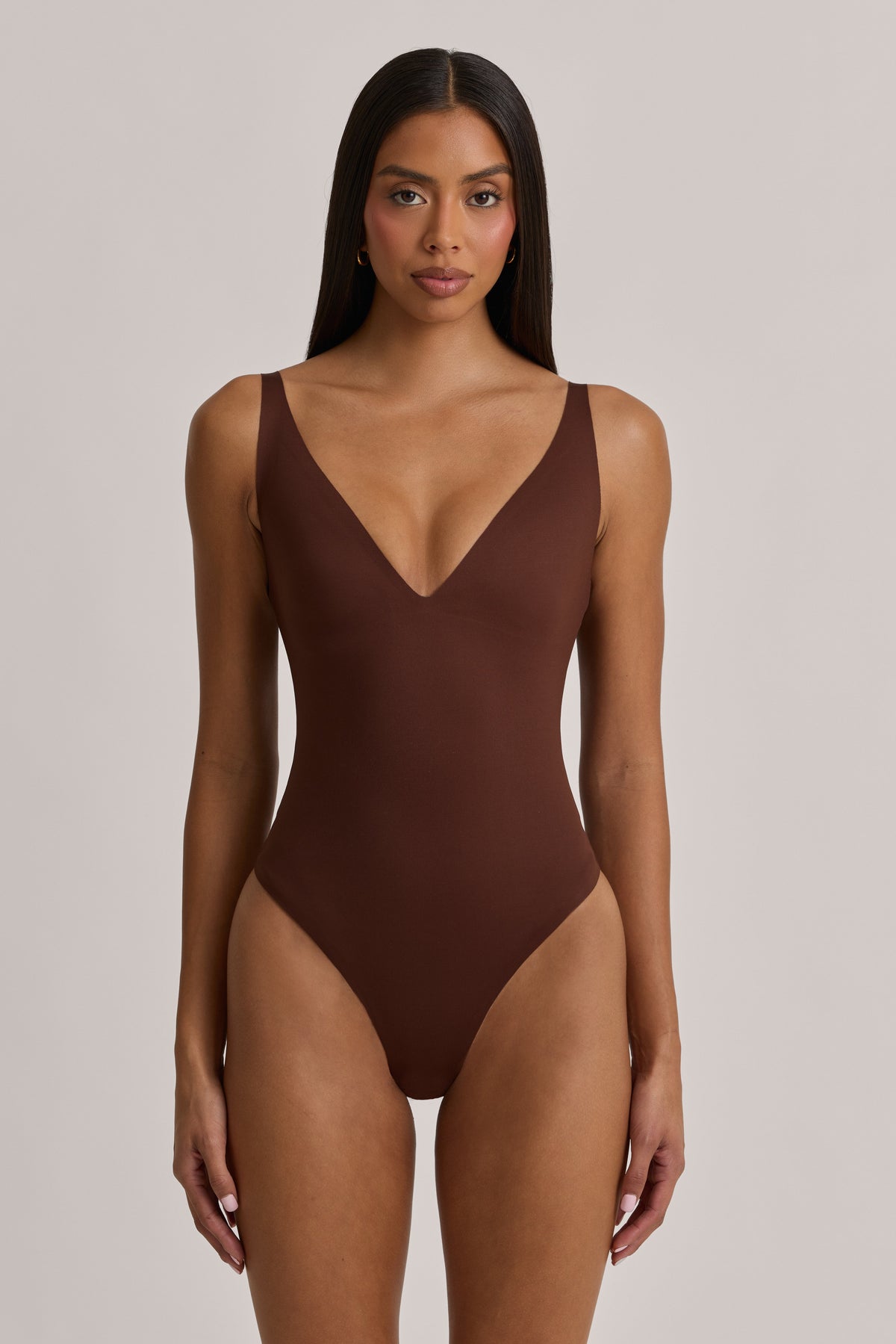 Belavie Arlinn V-Neck Thong Bodysuit in Cocoa Brown