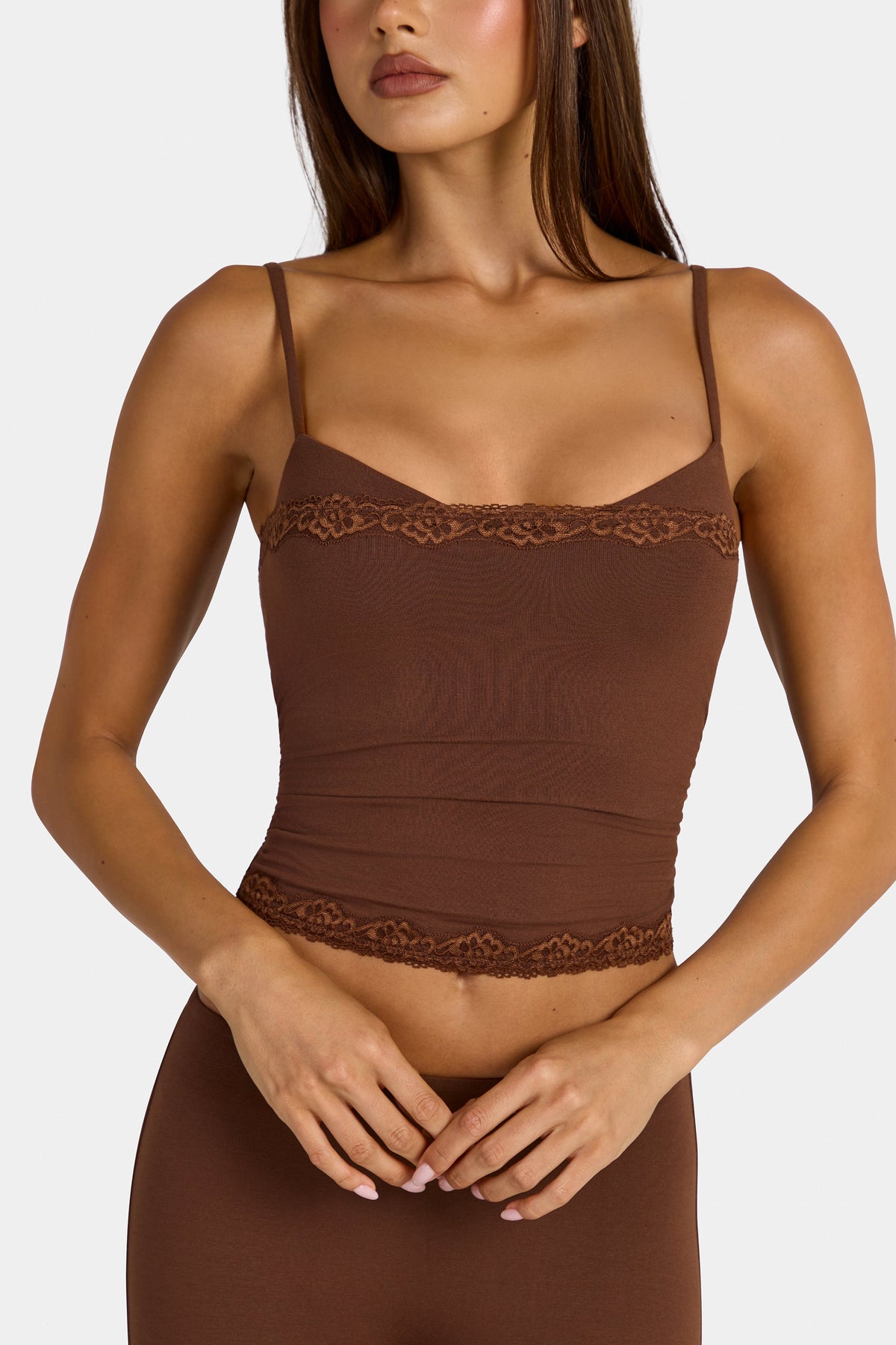 Belavie Arne Modal Lace-Trim Peekaboo Tank Top in Cocoa Brown