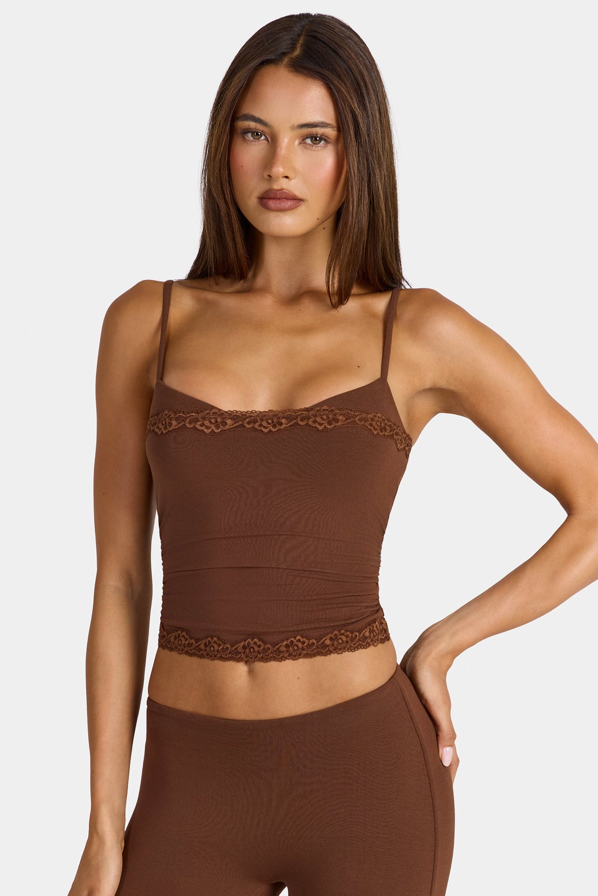 Belavie Arne Modal Lace-Trim Peekaboo Tank Top in Cocoa Brown