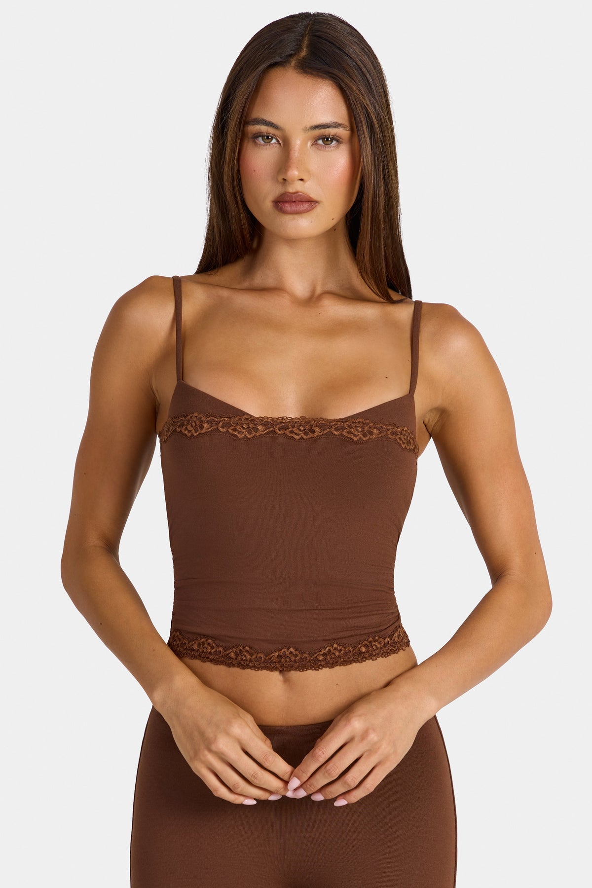 Belavie Arne Modal Lace-Trim Peekaboo Tank Top in Cocoa Brown