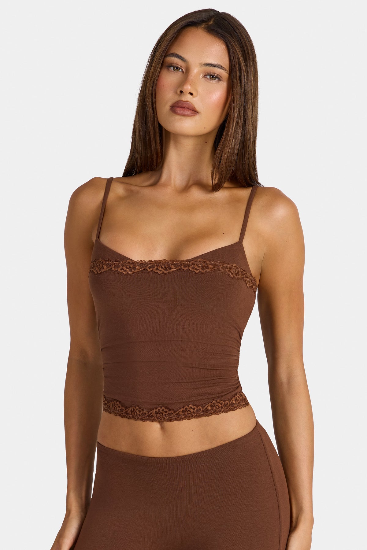 Belavie Arne Modal Lace-Trim Peekaboo Tank Top in Cocoa Brown