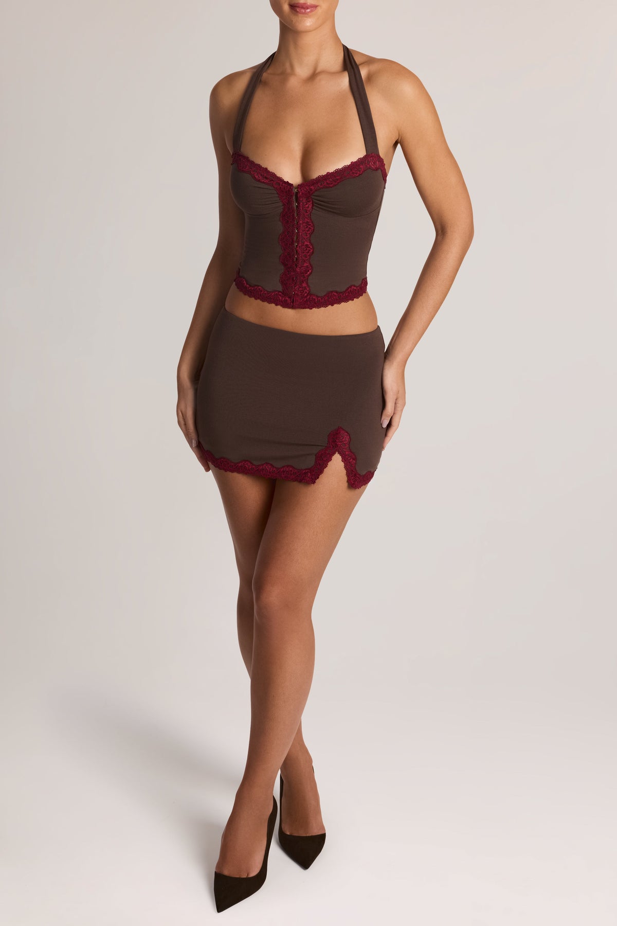 Belavie Belle Modal Lace-Trim Halterneck Top in Chocolate Brown
