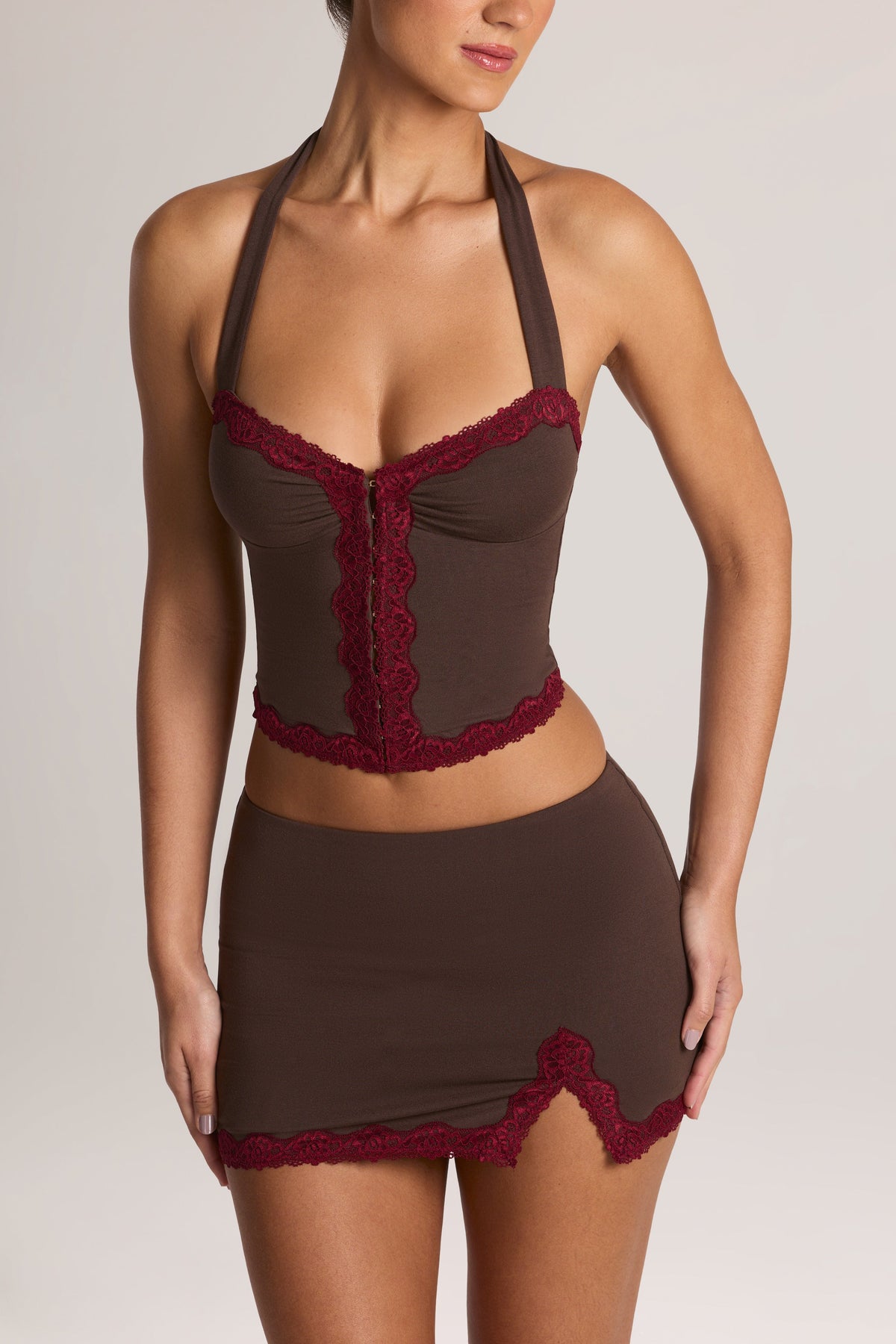 Belavie Belle Modal Lace-Trim Halterneck Top in Chocolate Brown