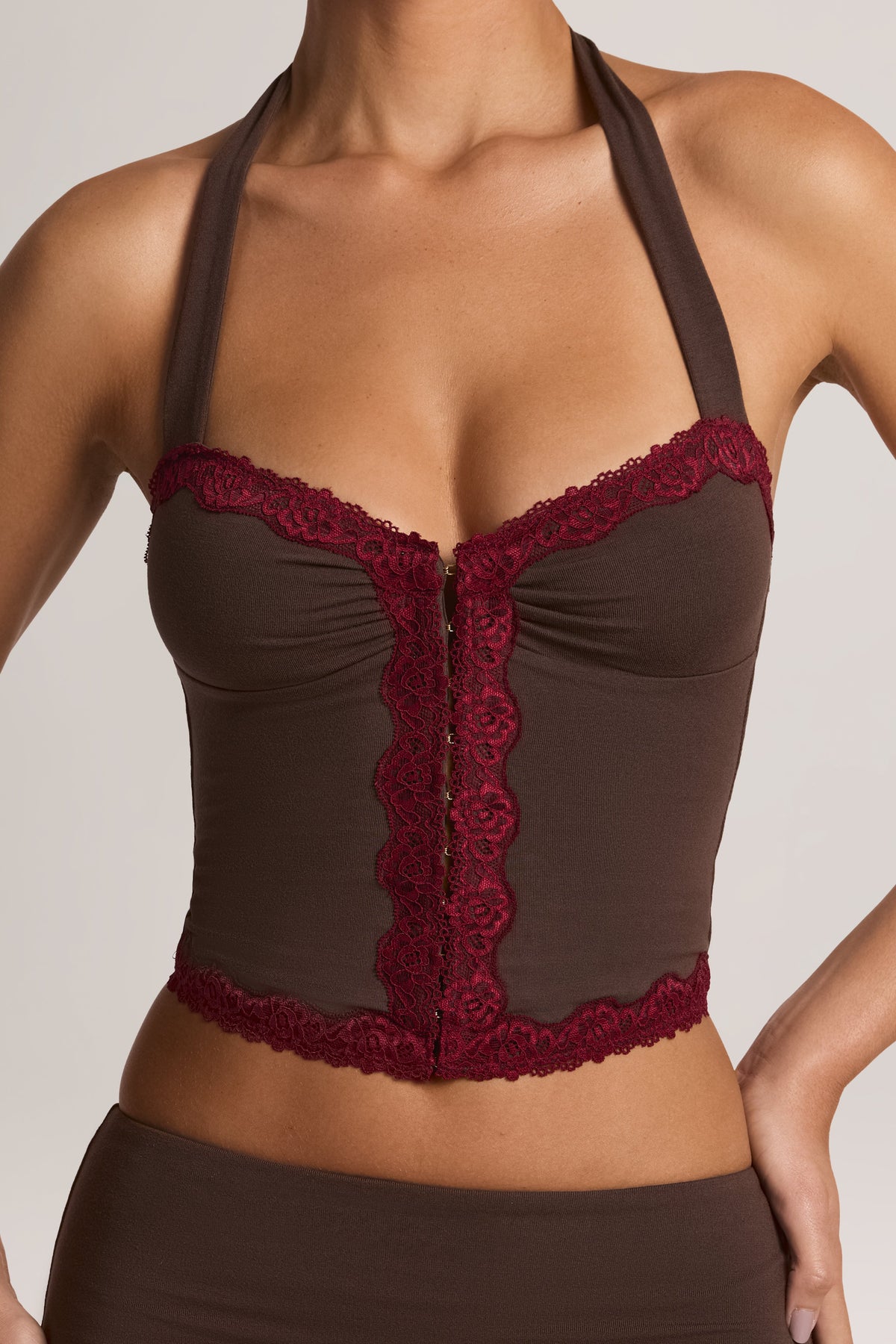 Belavie Belle Modal Lace-Trim Halterneck Top in Chocolate Brown