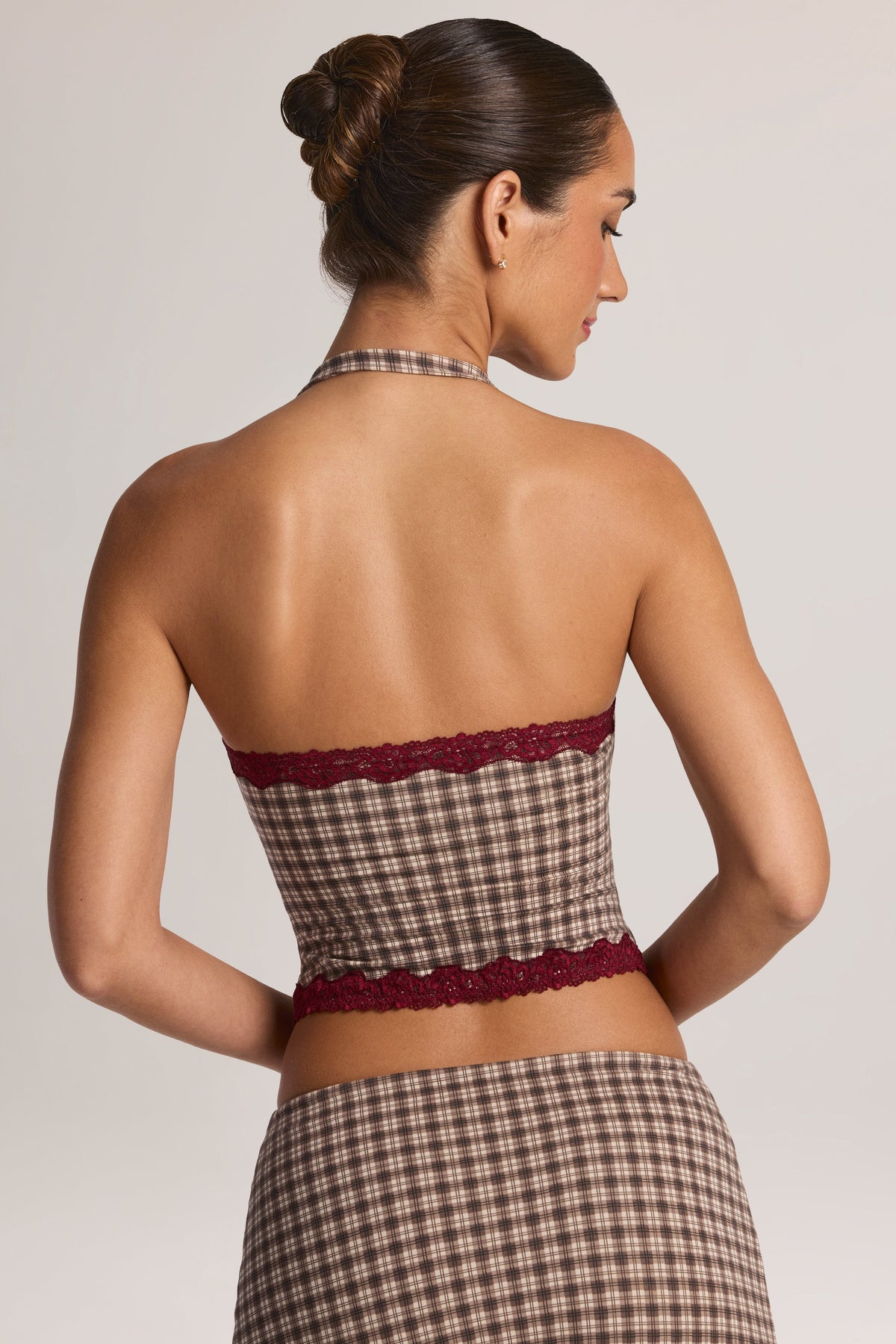 Belavie Belle Modal Lace-Trim Halterneck Top in Square Check Print