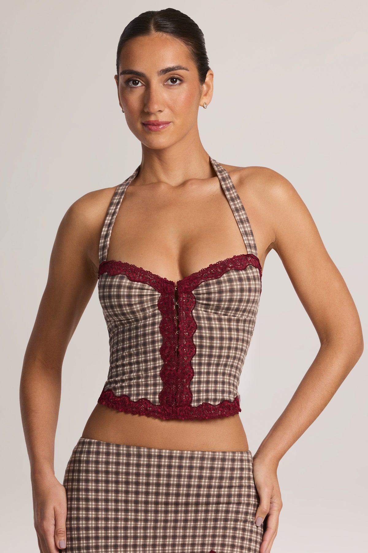 Belavie Belle Modal Lace-Trim Halterneck Top in Square Check Print