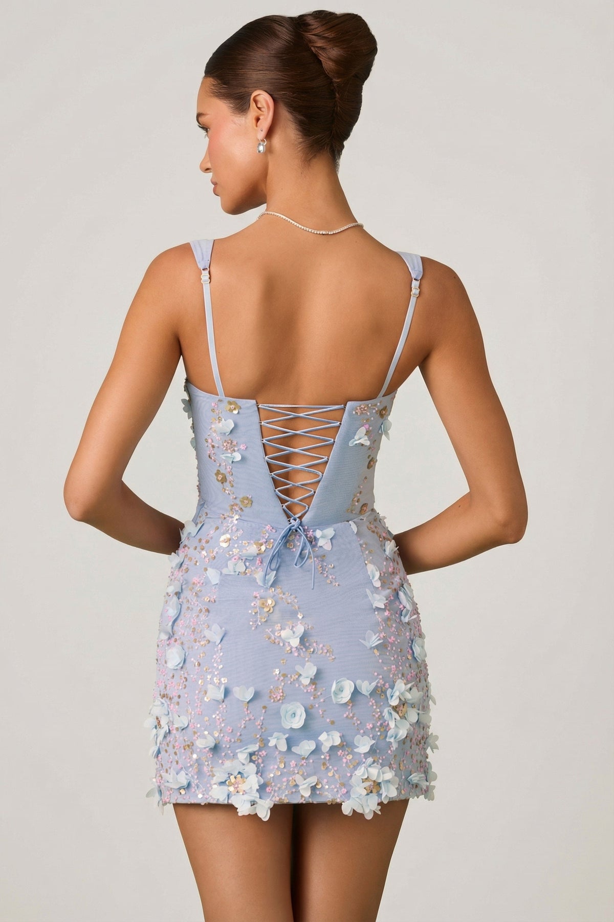 Belavie Brier Embellished Appliqué Corset Mini Dress in Sky Blue