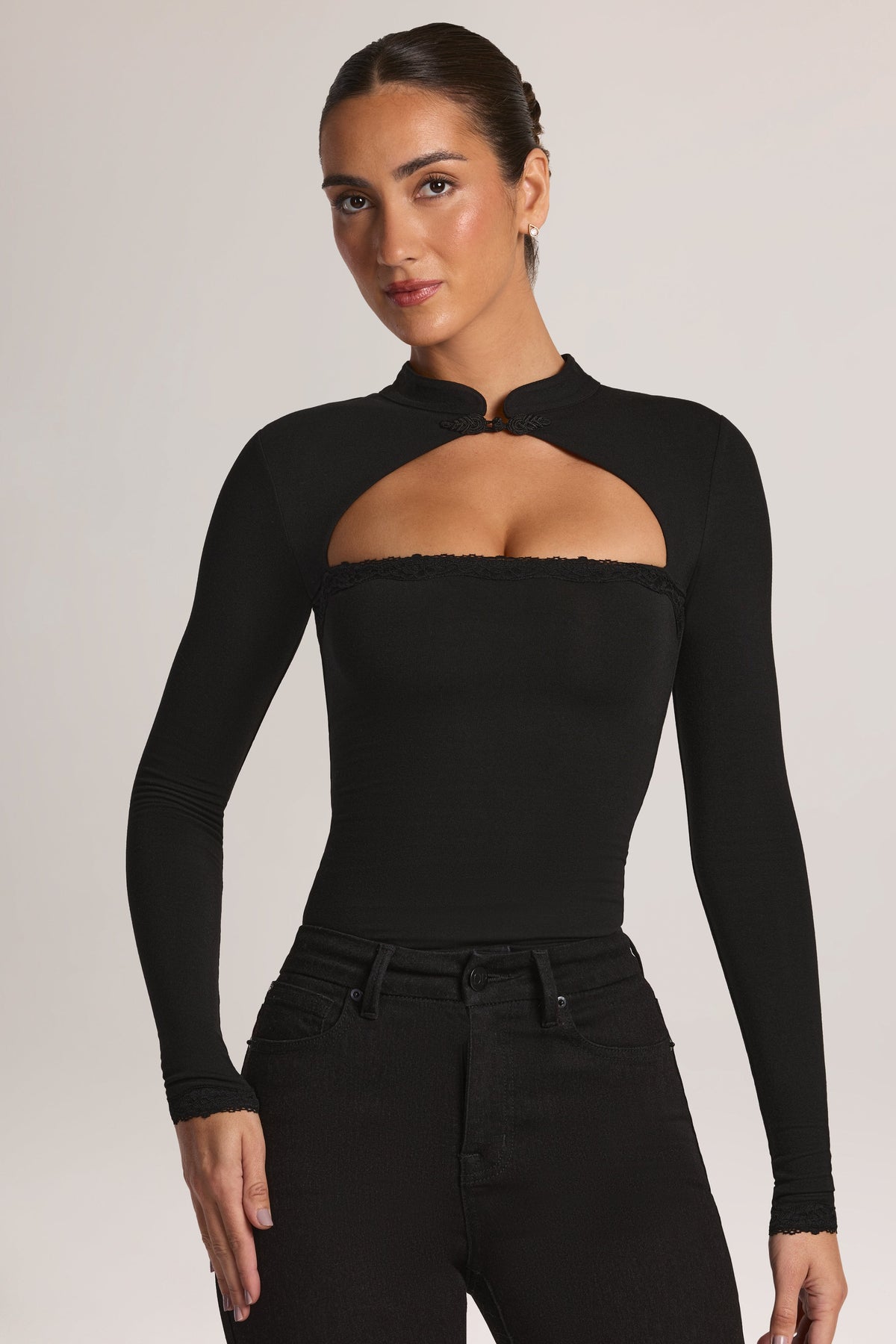 Belavie Bryca Modal Lace-Trim Long-Sleeve Top in Black