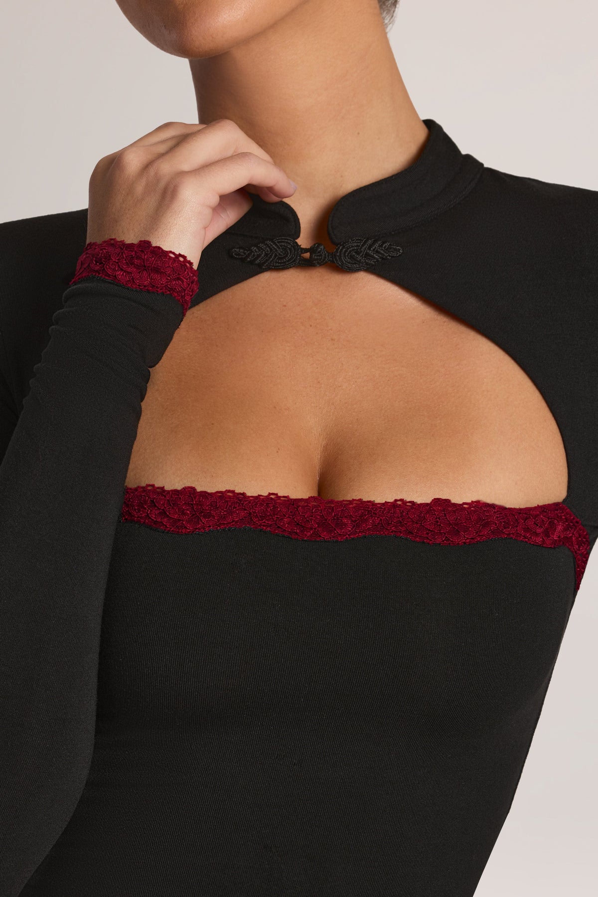 Belavie Bryca Modal Lace-Trim Long-Sleeve Top in Red Trim