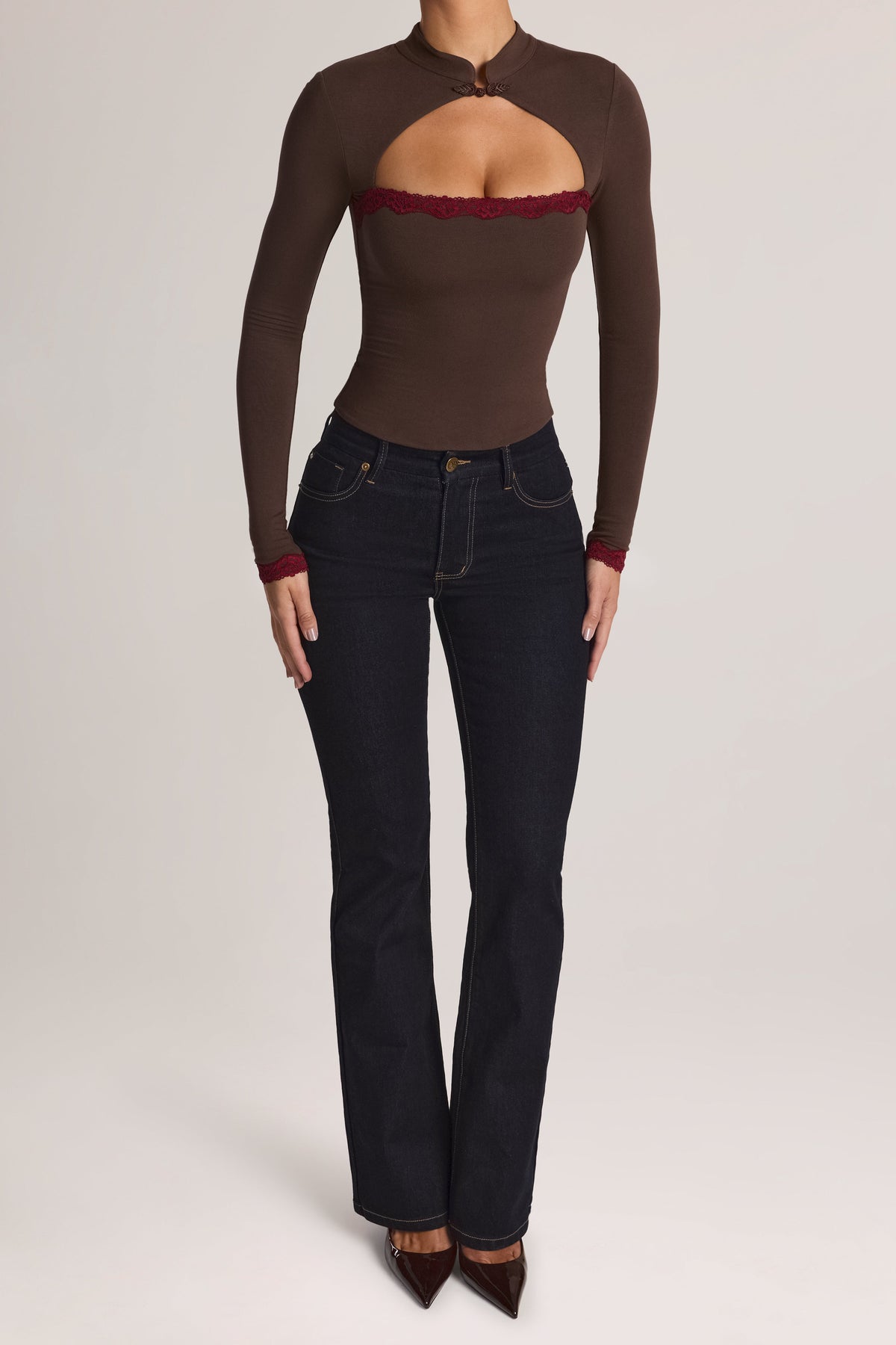 Belavie Bryca Modal Lace-Trim Long-Sleeve Top in Chocolate Brown