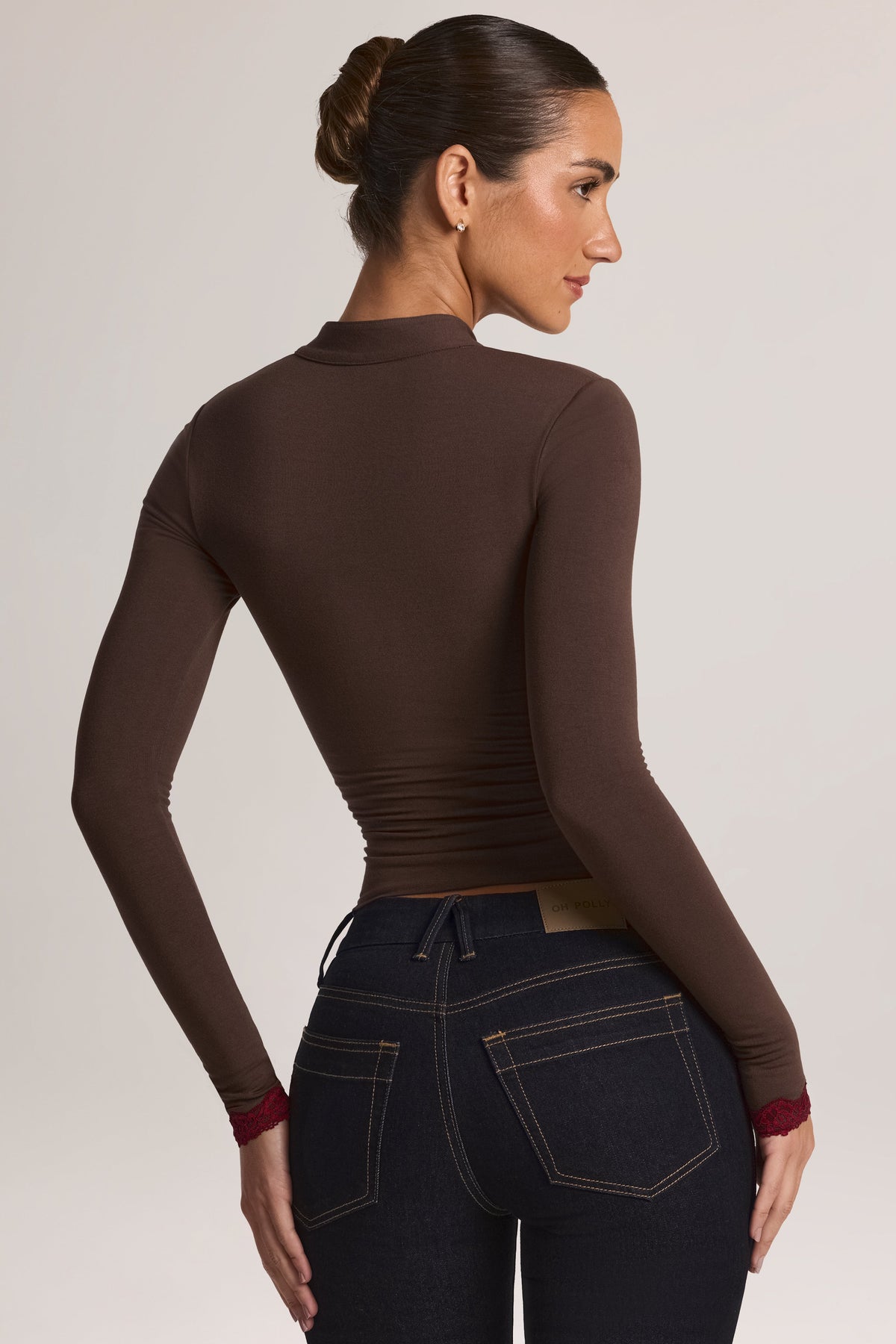 Belavie Bryca Modal Lace-Trim Long-Sleeve Top in Chocolate Brown