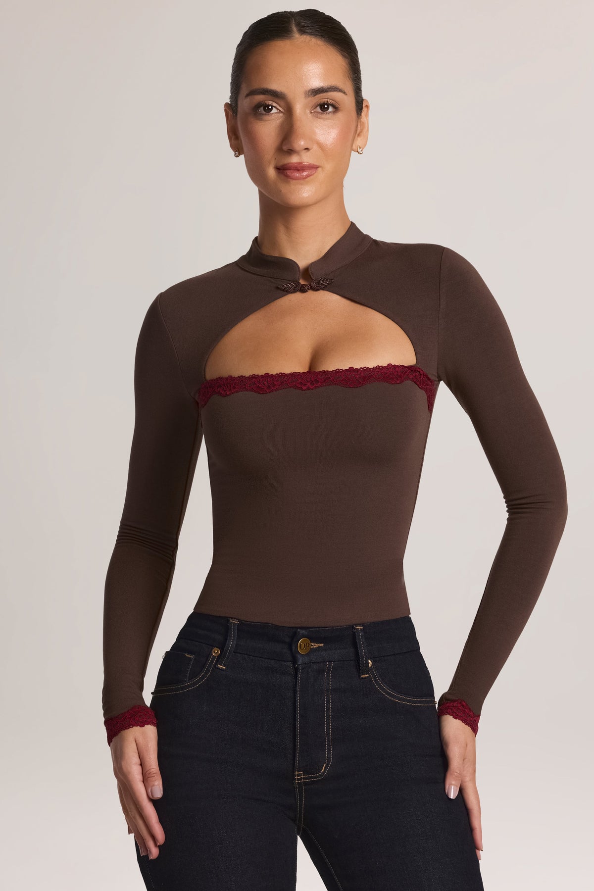 Belavie Bryca Modal Lace-Trim Long-Sleeve Top in Chocolate Brown