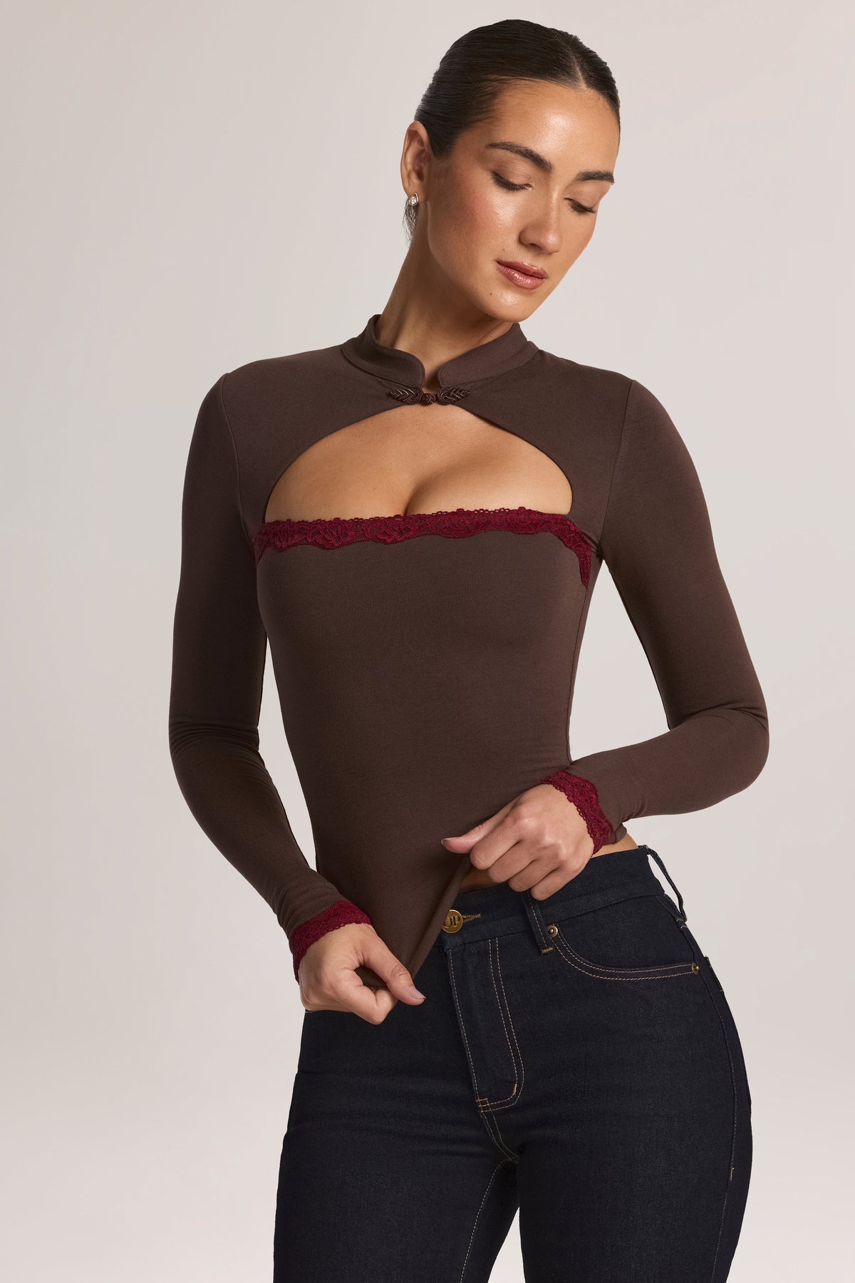 Belavie Bryca Modal Lace-Trim Long-Sleeve Top in Chocolate Brown