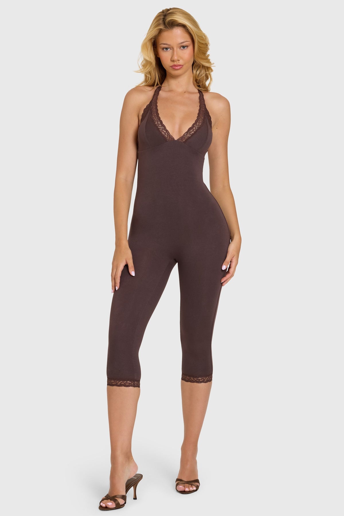 Belavie Calle Modal Lace-Trim Capri Jumpsuit in Chocolate