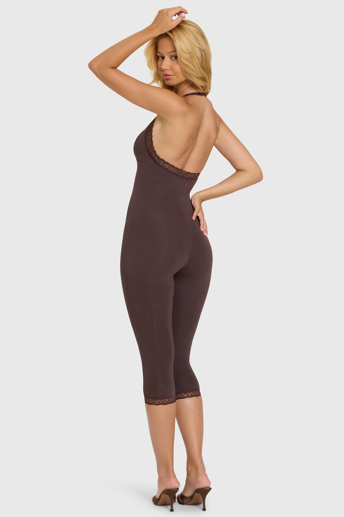 Belavie Calle Modal Lace-Trim Capri Jumpsuit in Chocolate