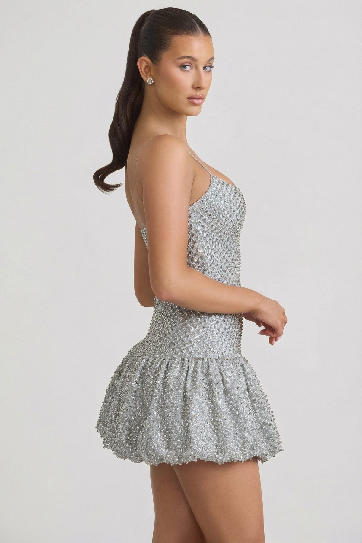 Belavie Callia Embellished Bubble Hem Mini Dress in Silver