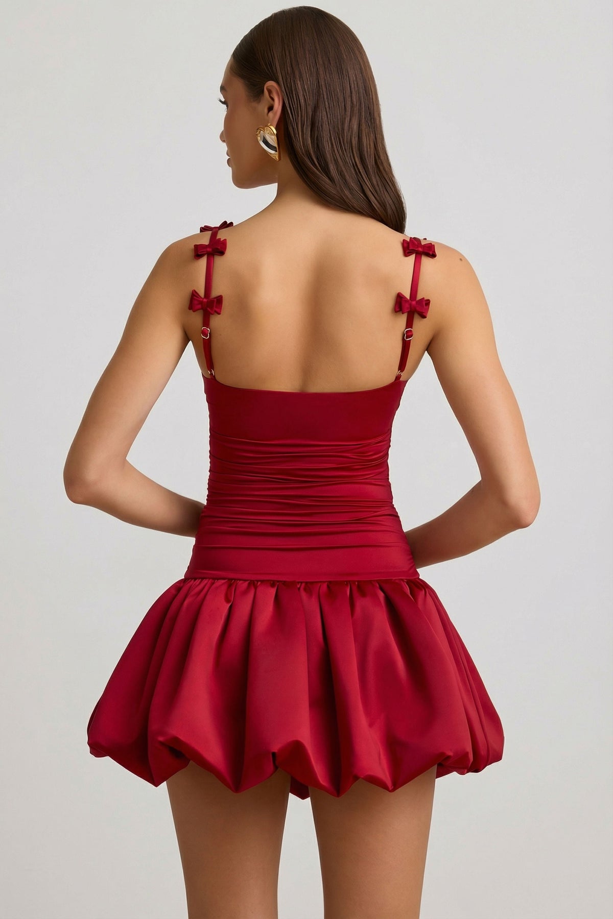 Belavie Cirille Bow-Detail Ruched Bubble Hem Mini Dress in True Red