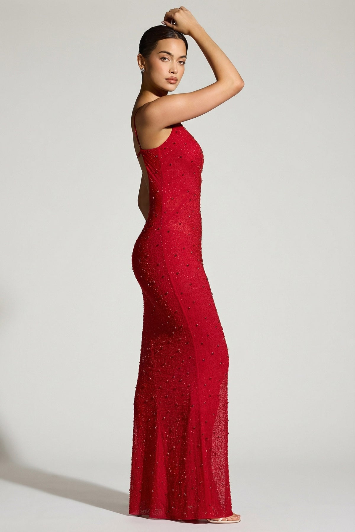 Belavie Colmer Embellished Plunge Neck Evening Gown in Red