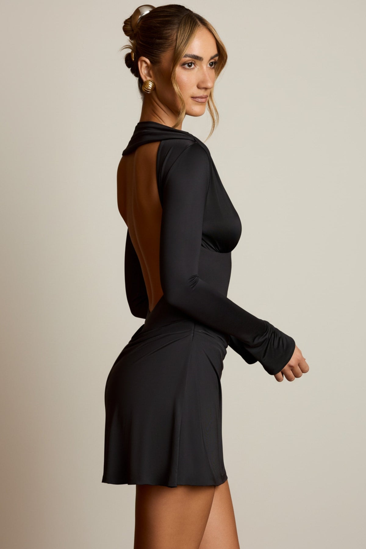 Belavie Darane Open-Back Draped A-Line Mini Dress in Black