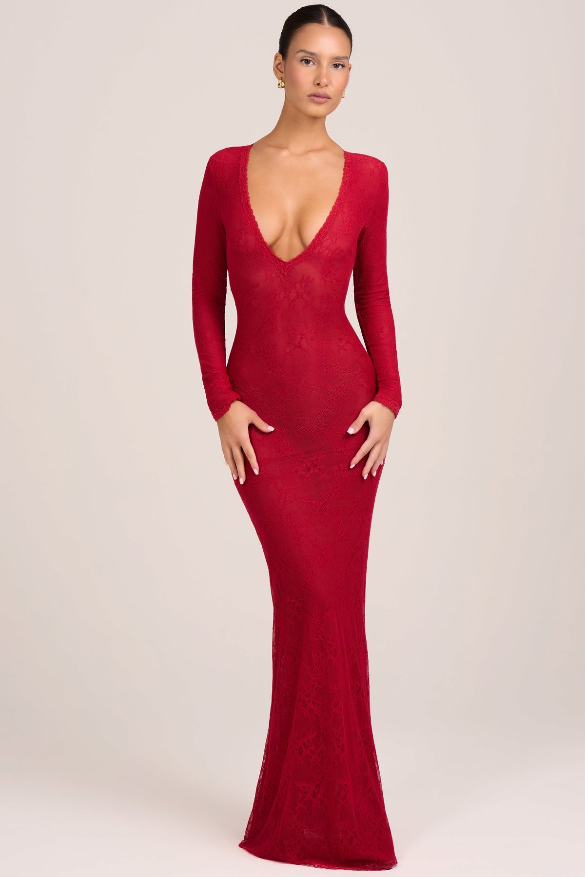 Belavie Delte Lace Long-Sleeve Maxi Dress in Fire Red