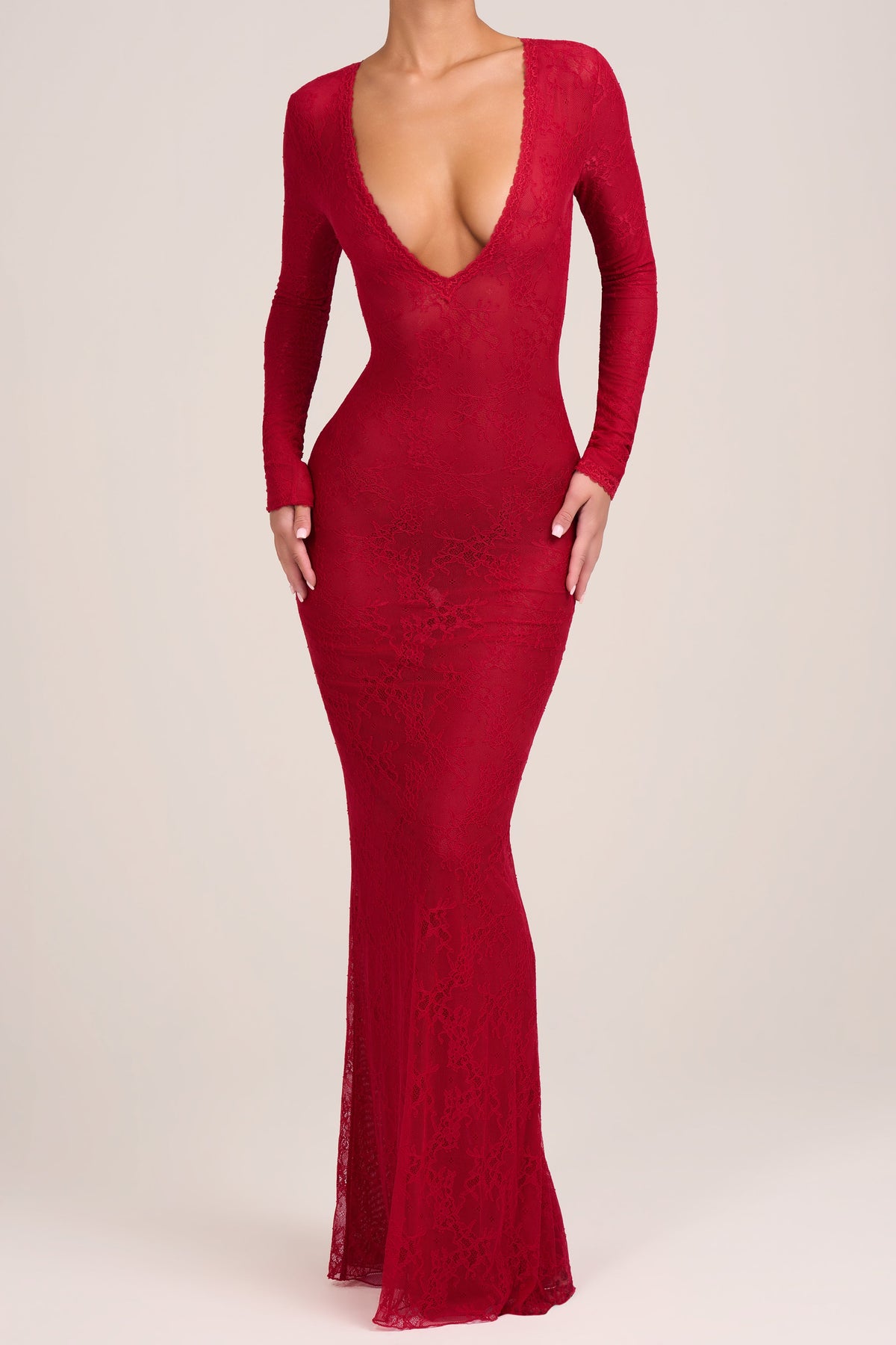 Belavie Delte Lace Long-Sleeve Maxi Dress in Fire Red