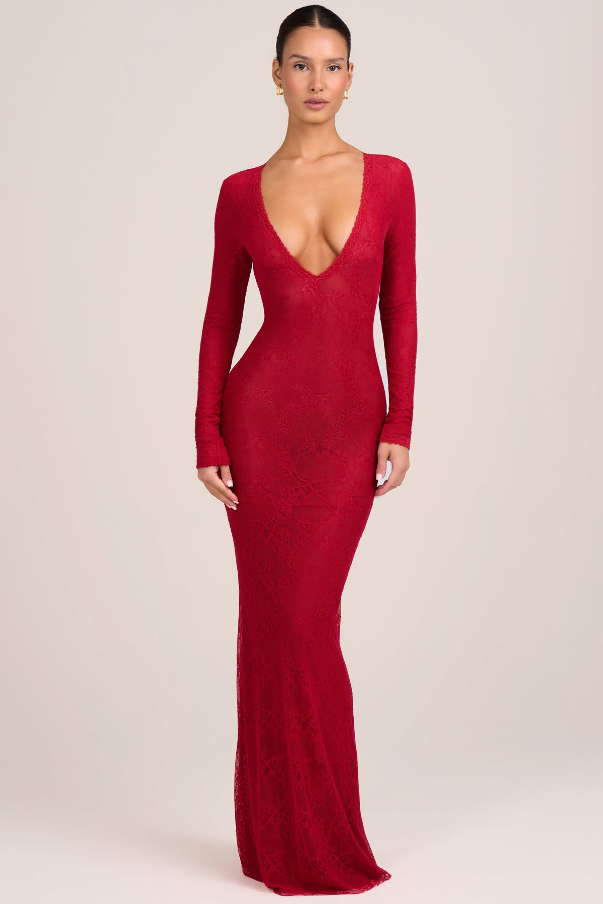 Belavie Delte Lace Long-Sleeve Maxi Dress in Fire Red