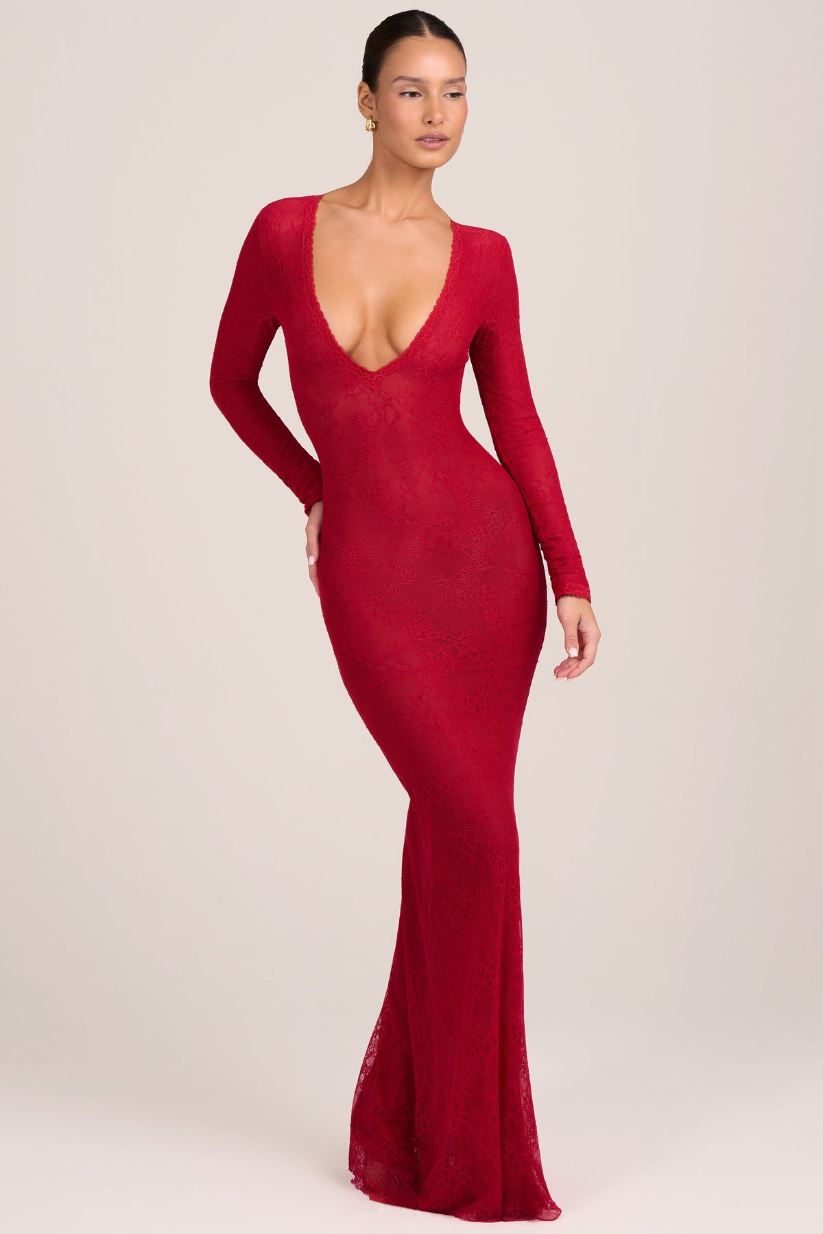 Belavie Delte Lace Long-Sleeve Maxi Dress in Fire Red
